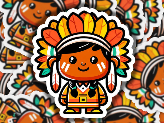 a sticker of a native american boy surrounded by other stickers