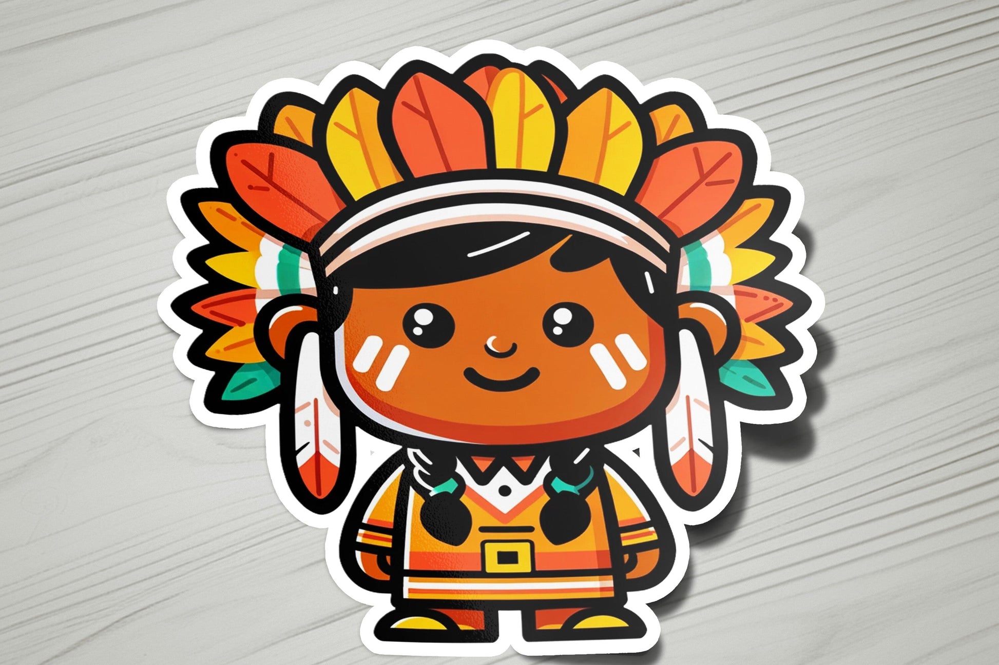 a sticker of a native american boy wearing a headdress