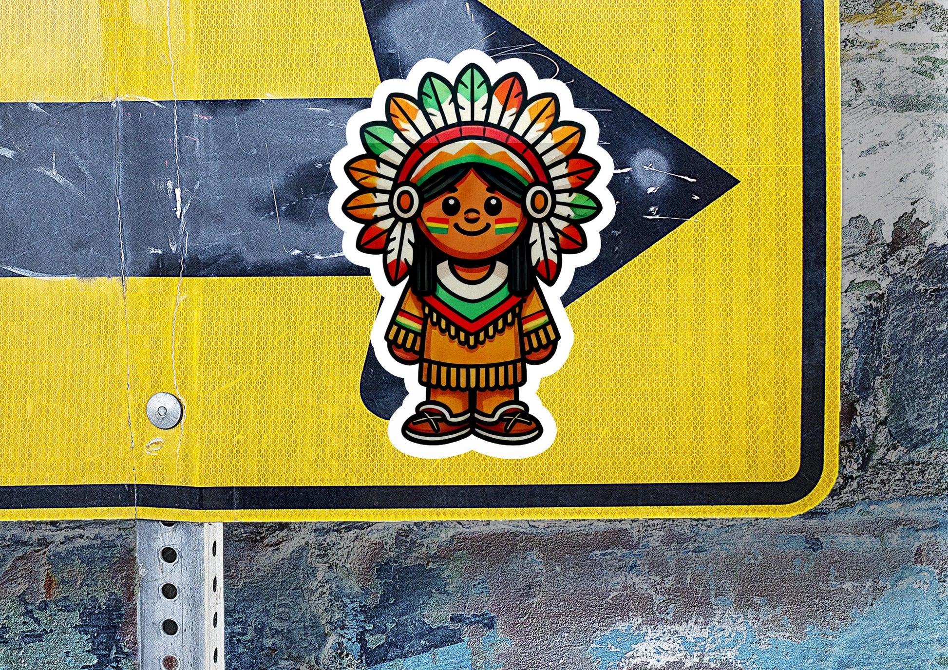 a sticker of a native american boy on a yellow sign