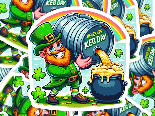 Never Skip Keg Day St. Patricks Day Vinyl Sticker | Dishwasher Safe & Durable | Custom Sizes | Fast Shipping | Made in USA Fiesta Doodle waterproof vinyl sticker. dishwasher safe outdoor sticker.