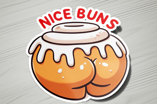 a sticker that says nice buns on it