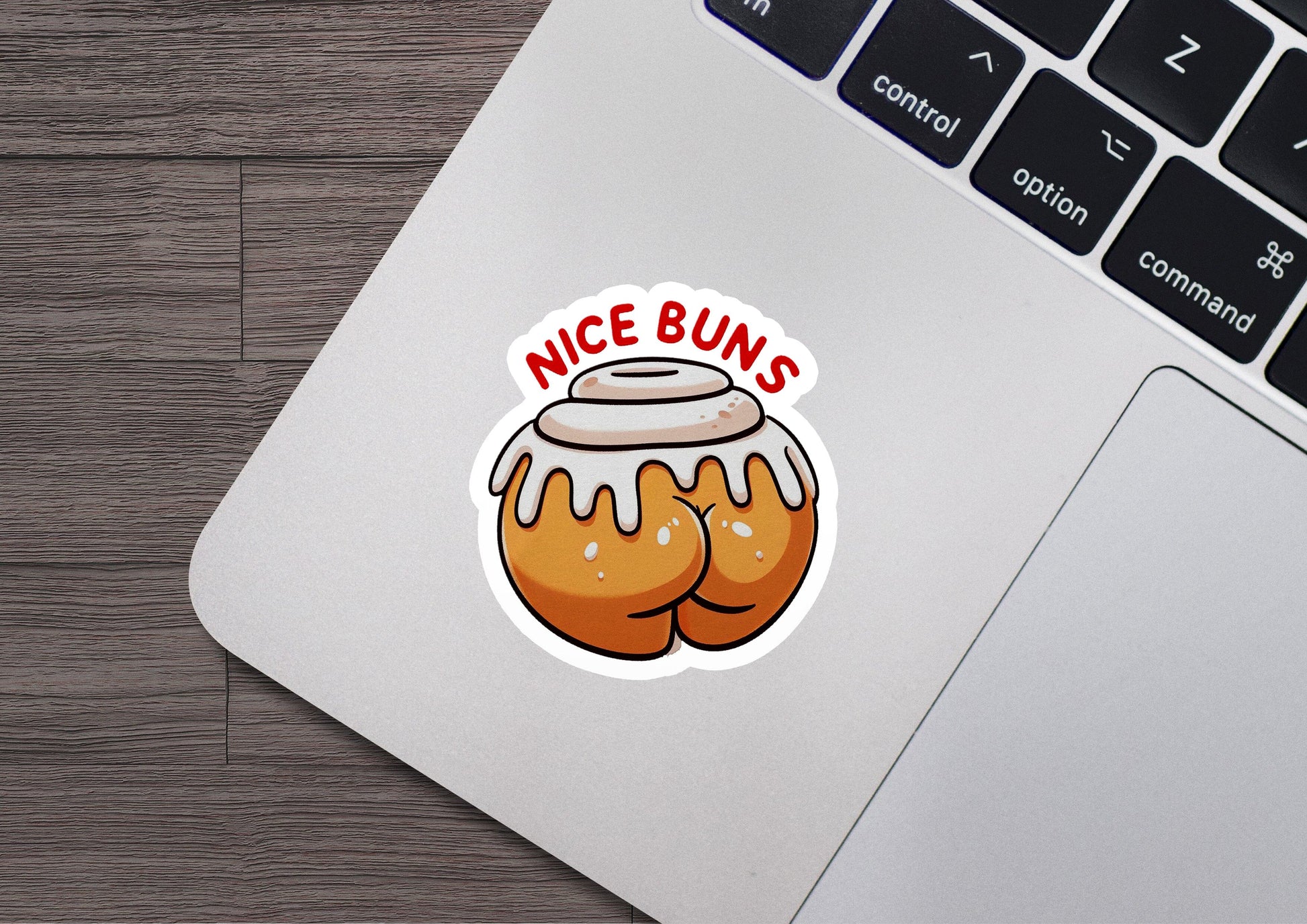 a sticker of a donut with the words nice buns on it
