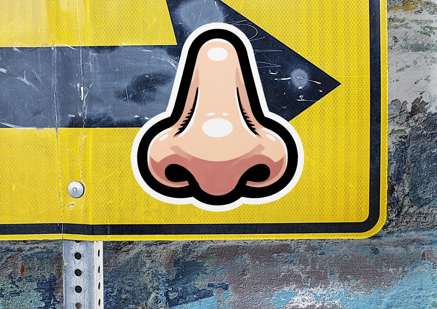 a close up of a street sign with a nose