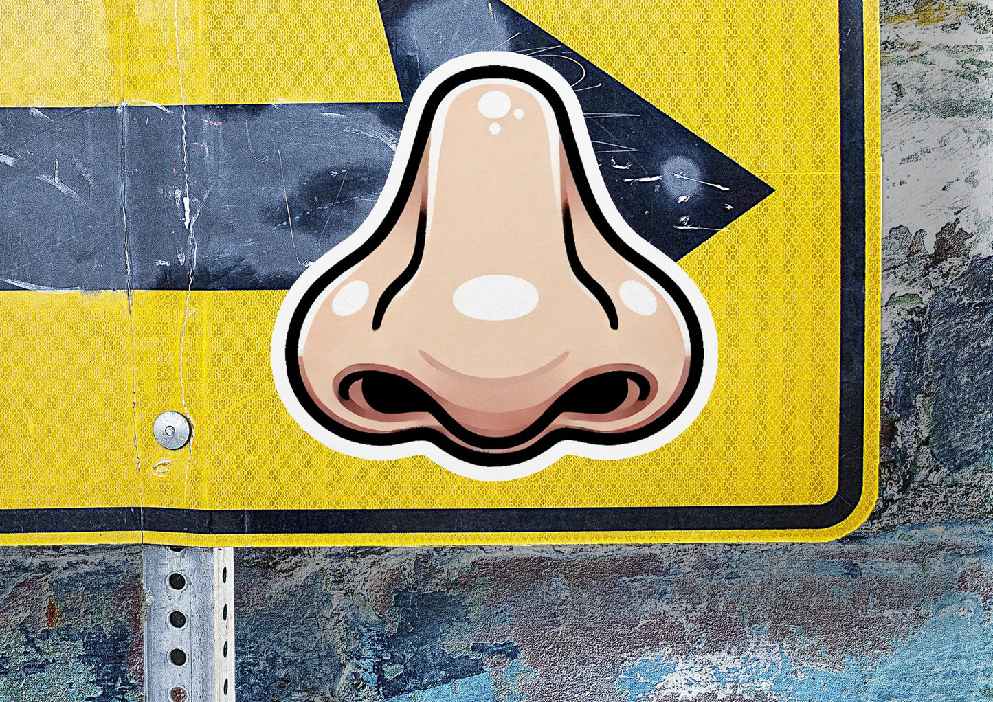 a close up of a street sign with a nose