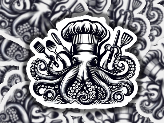an octopus with a chef&#39;s hat and cooking utensils