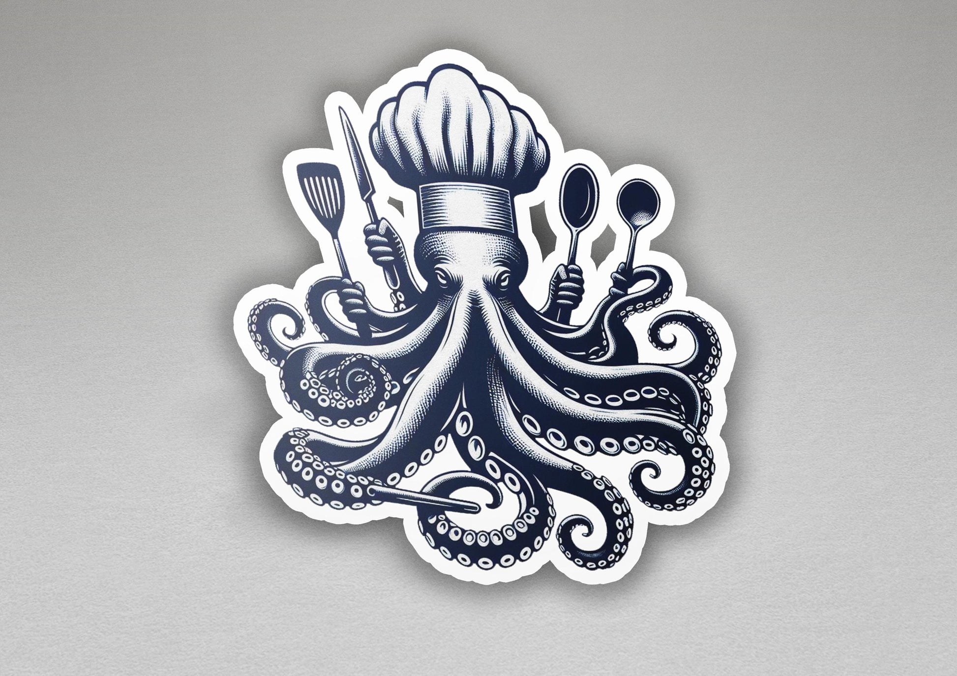 a sticker of an octopus with a chef's hat and utensils