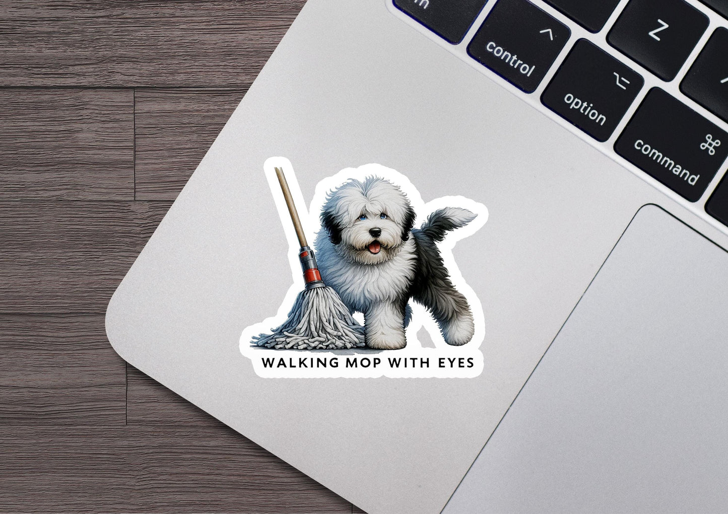 a sticker of a dog with a broom on it