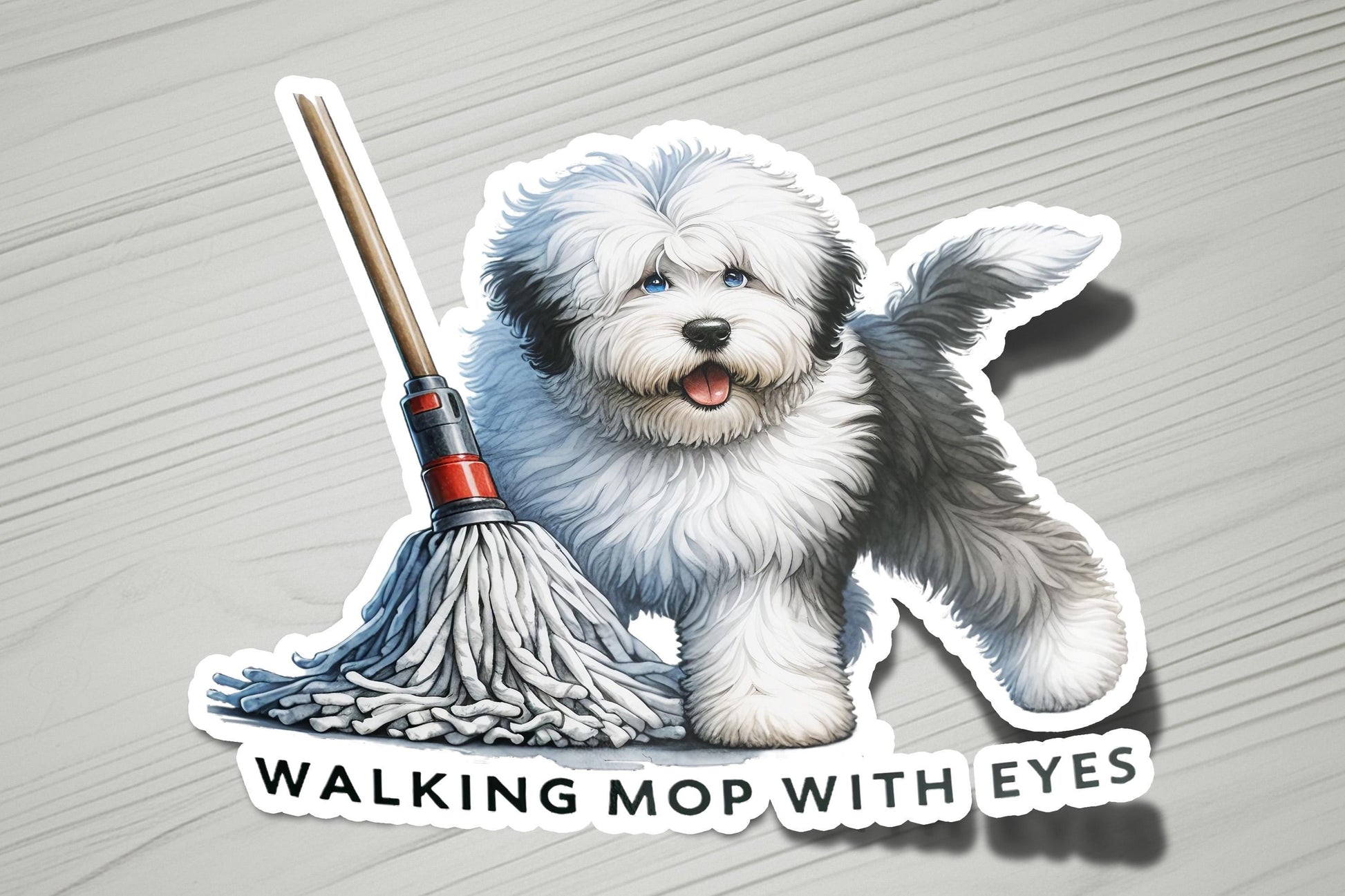 a sticker of a dog with a broom