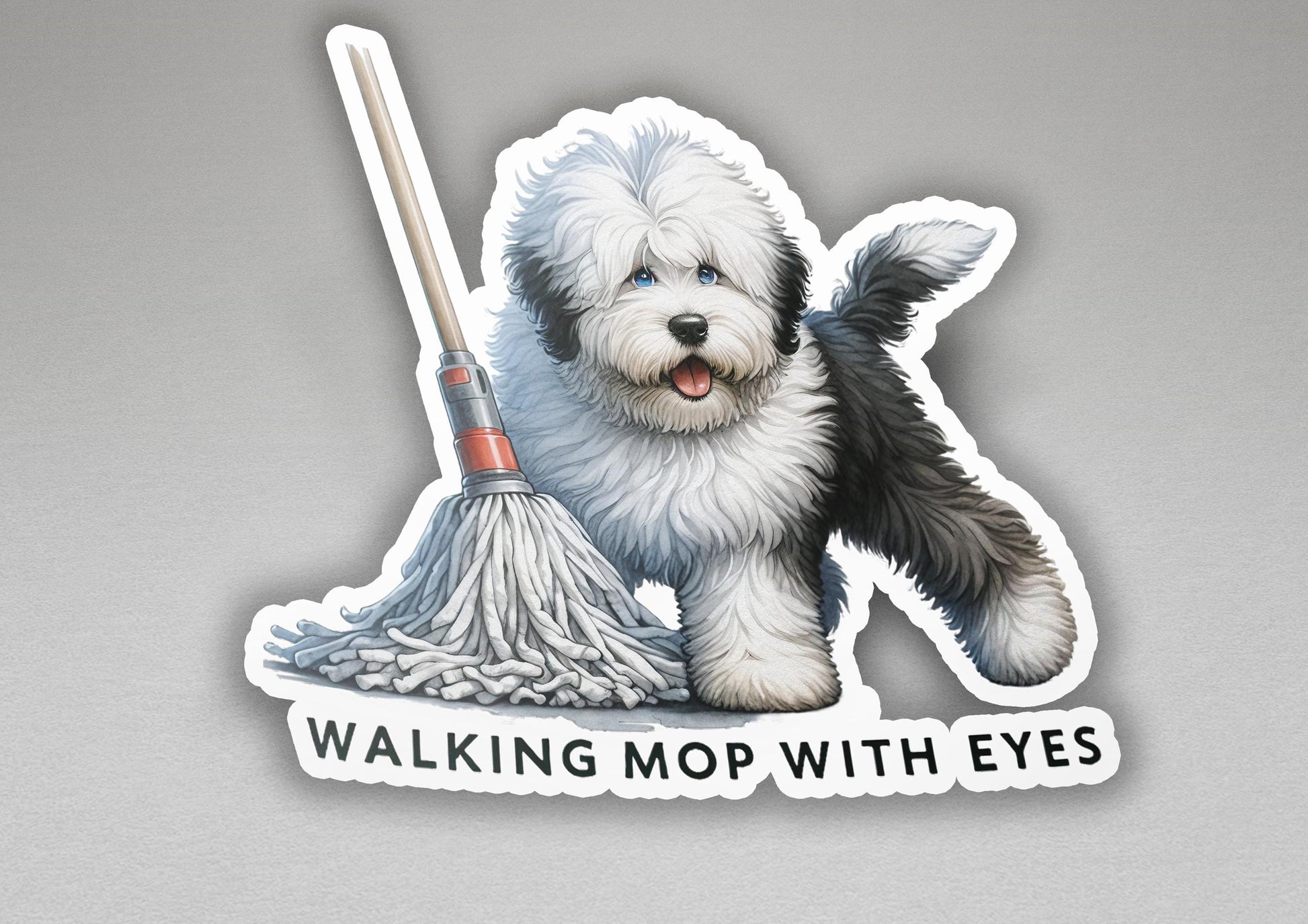 a sticker of a dog with a mop