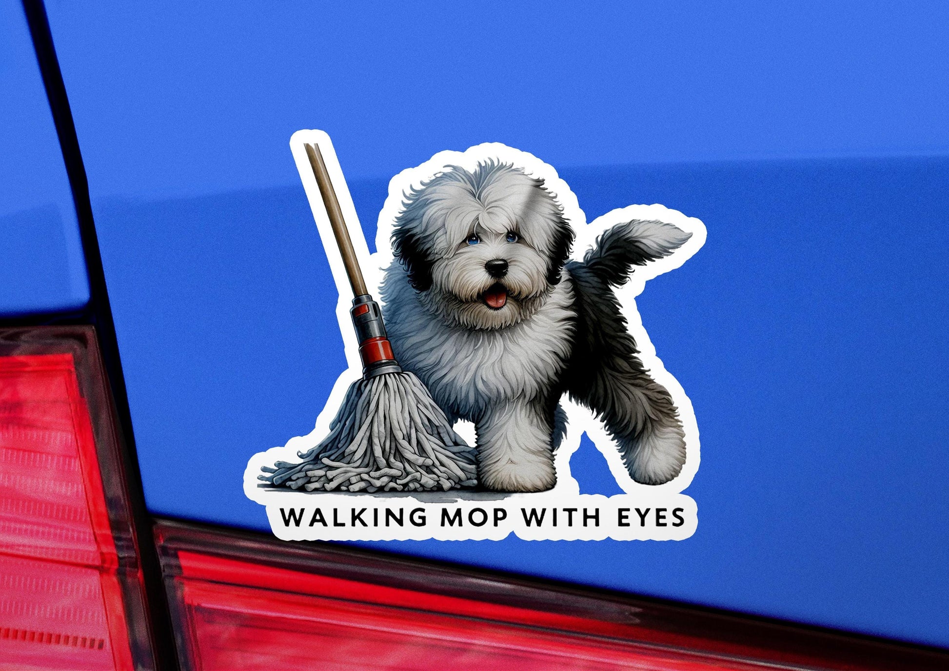 a sticker of a dog with a mop in its mouth