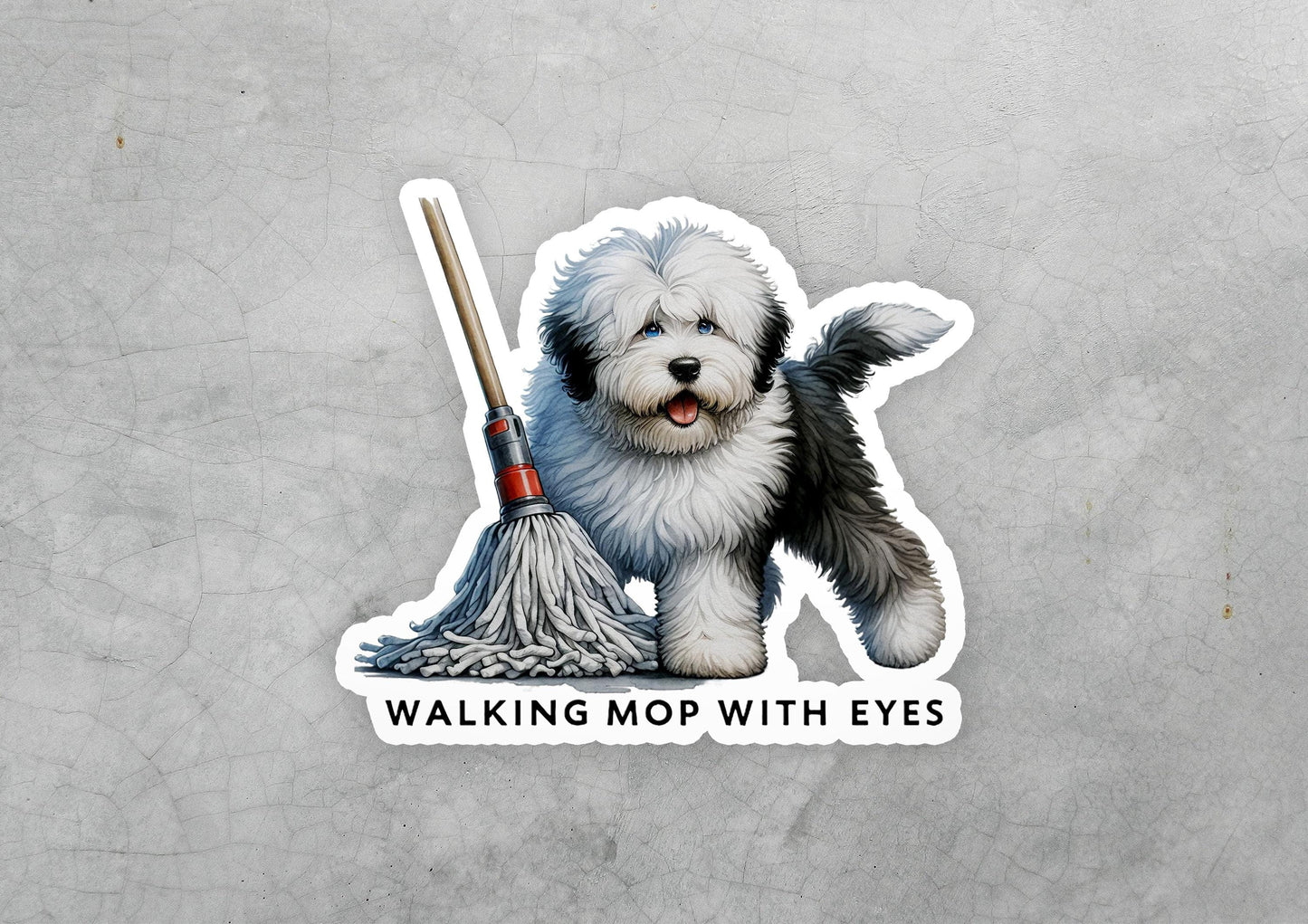 a sticker of a dog holding a broom