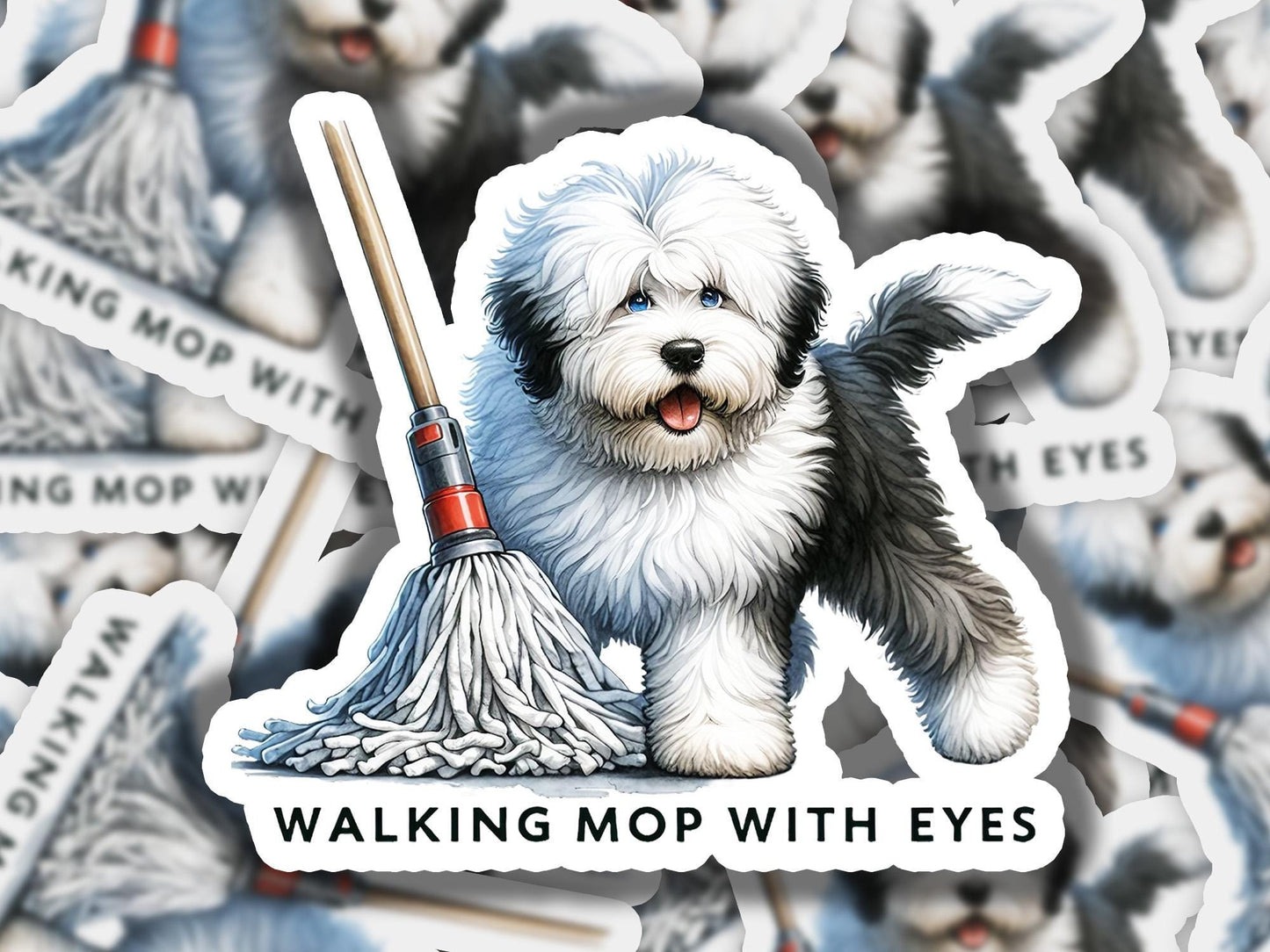 a sticker of a dog with a mop in its mouth