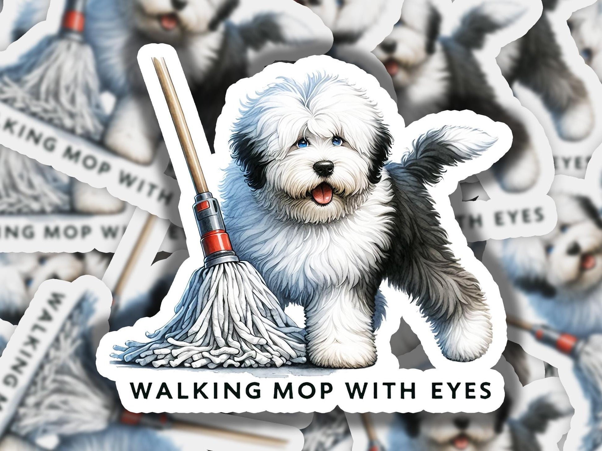 a sticker of a dog with a mop in its mouth