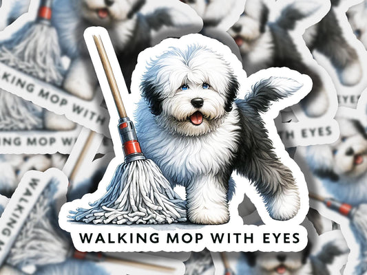 a sticker of a dog with a mop in its mouth
