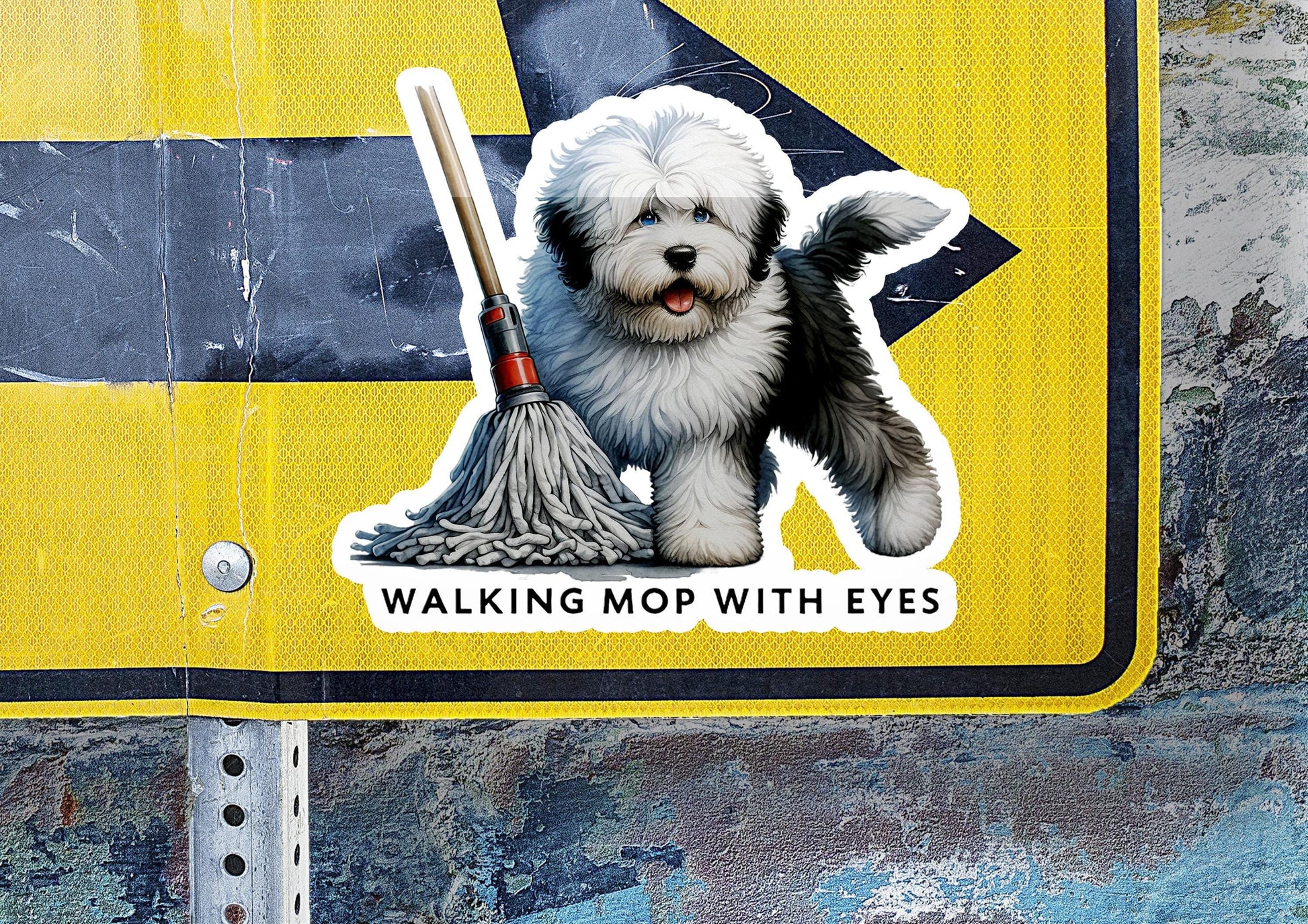 a sticker of a dog with a broom on it