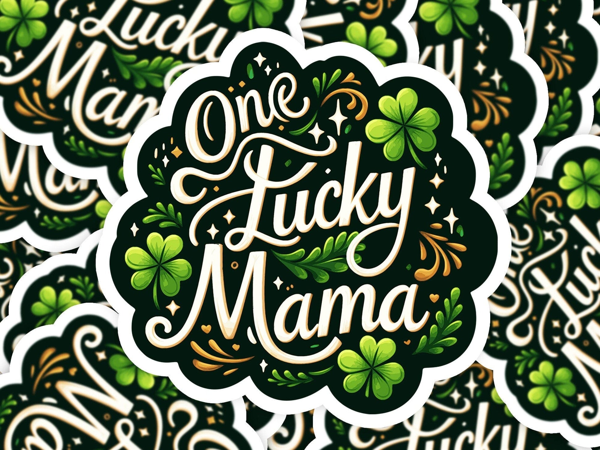 One Lucky Mama St. Patricks Day Vinyl Sticker | Dishwasher Safe & Durable | Custom Sizes | Fast Shipping | Made in USA Fiesta Doodle waterproof vinyl sticker. dishwasher safe outdoor sticker.