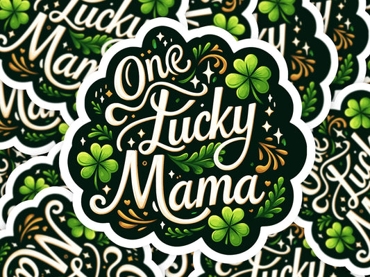 One Lucky Mama St. Patricks Day Vinyl Sticker | Dishwasher Safe & Durable | Custom Sizes | Fast Shipping | Made in USA Fiesta Doodle waterproof vinyl sticker. dishwasher safe outdoor sticker.