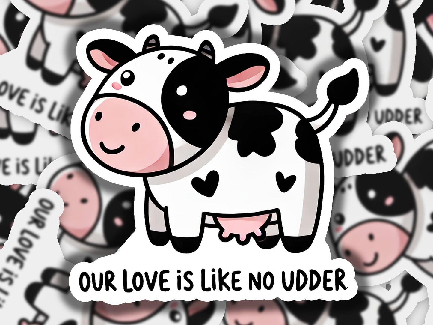 a sticker of a cow surrounded by other stickers