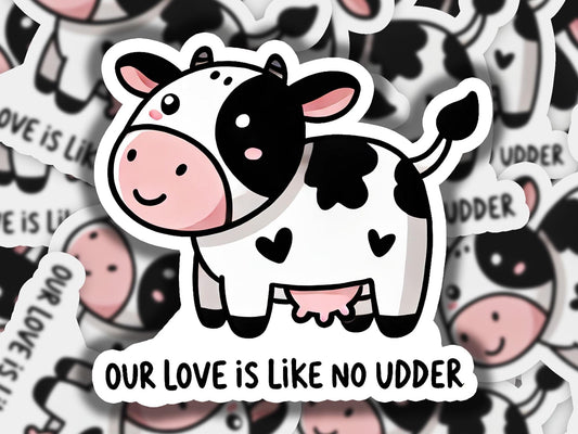 a sticker of a cow surrounded by other stickers