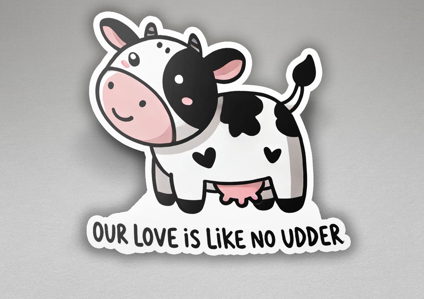 a sticker of a cow that says our love is like no udder