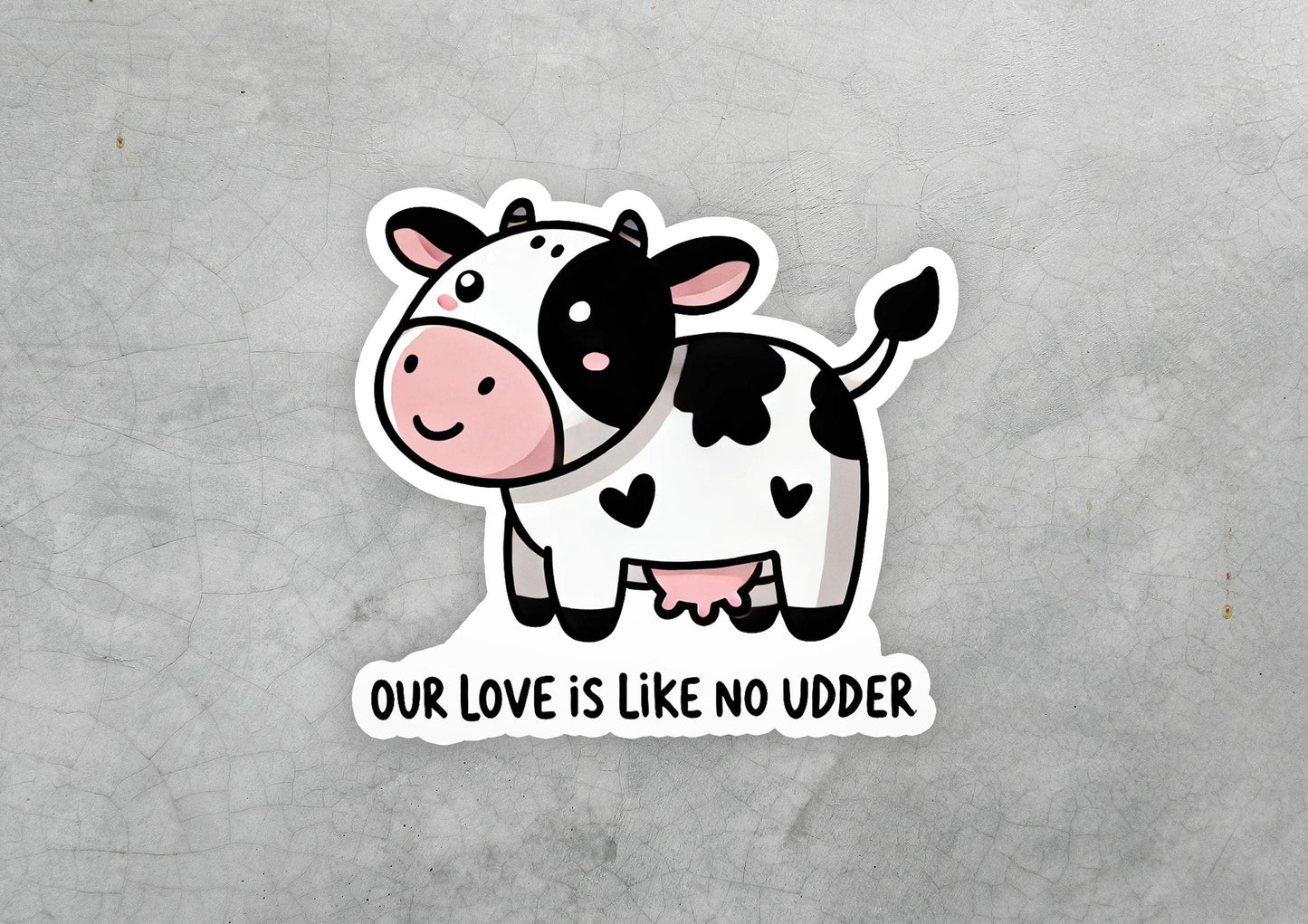 a sticker of a cow that says our love is like no udder