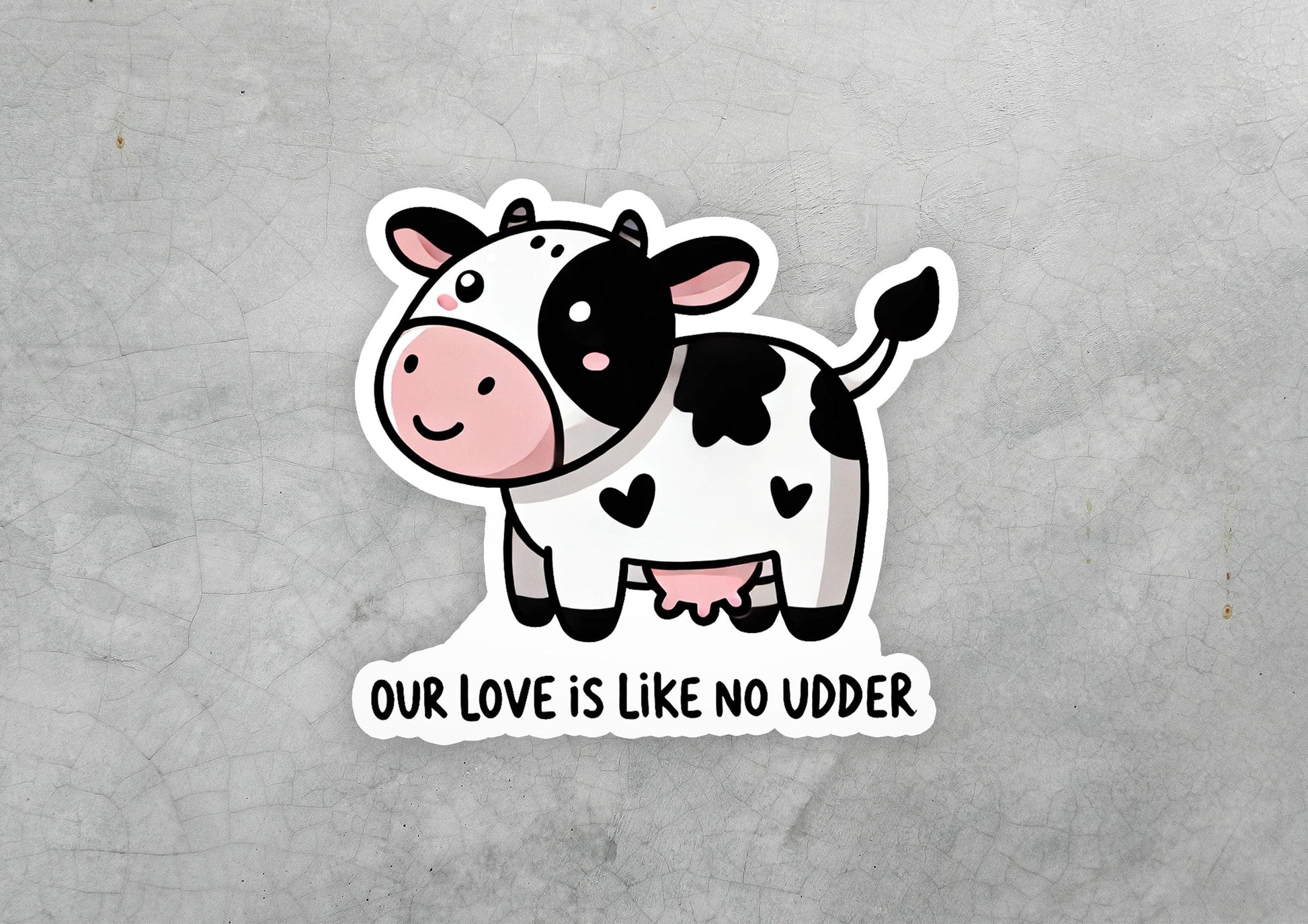 a sticker of a cow that says our love is like no udder