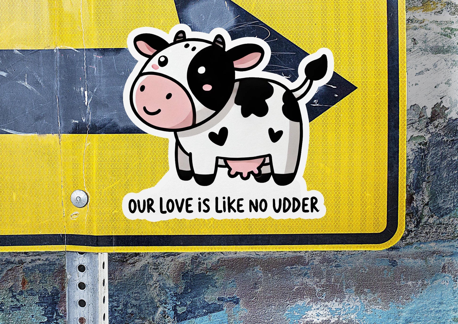a sticker of a cow on a street sign