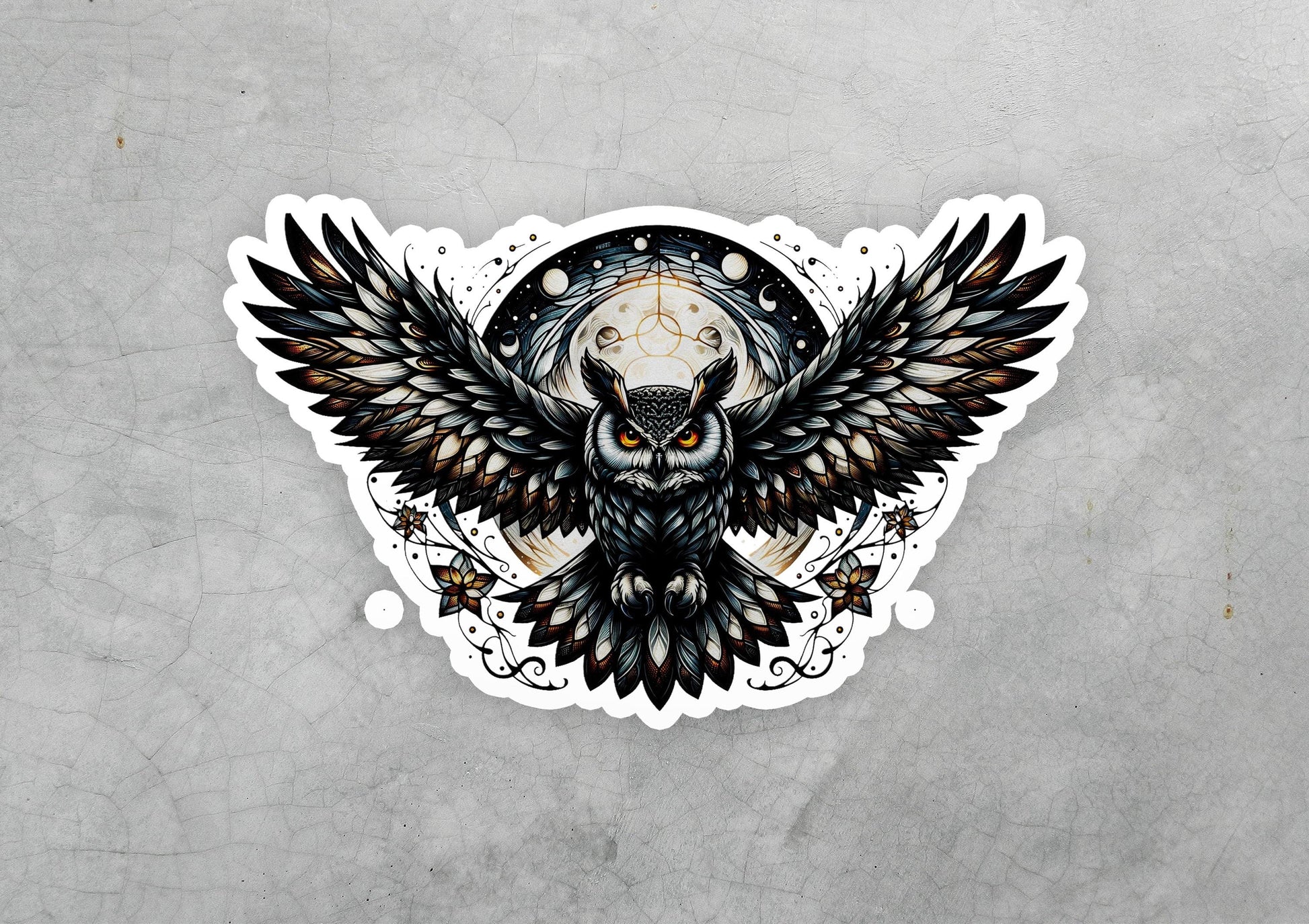 a sticker of an owl with wings and a clock