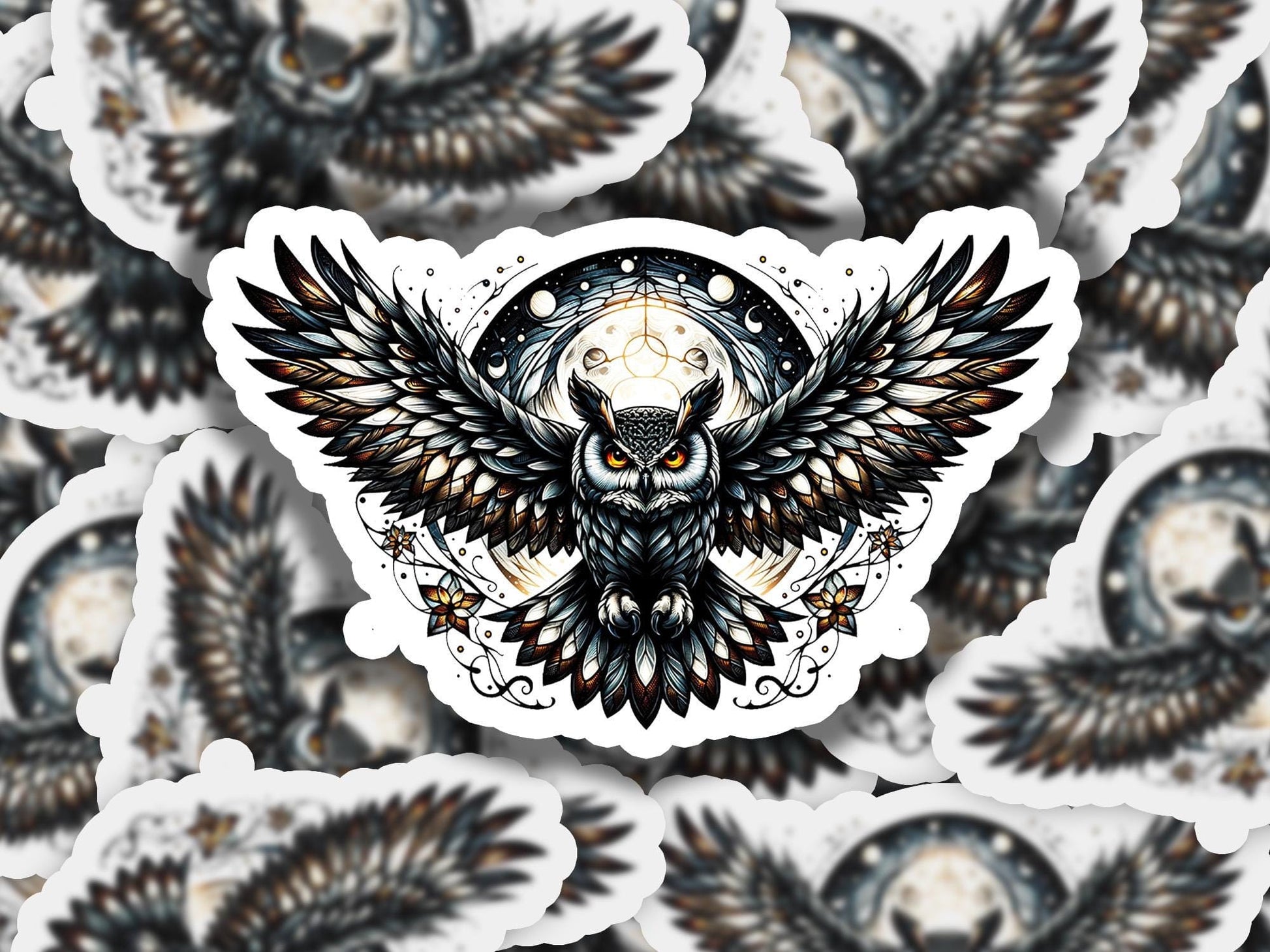 a sticker of an owl with a skull on it