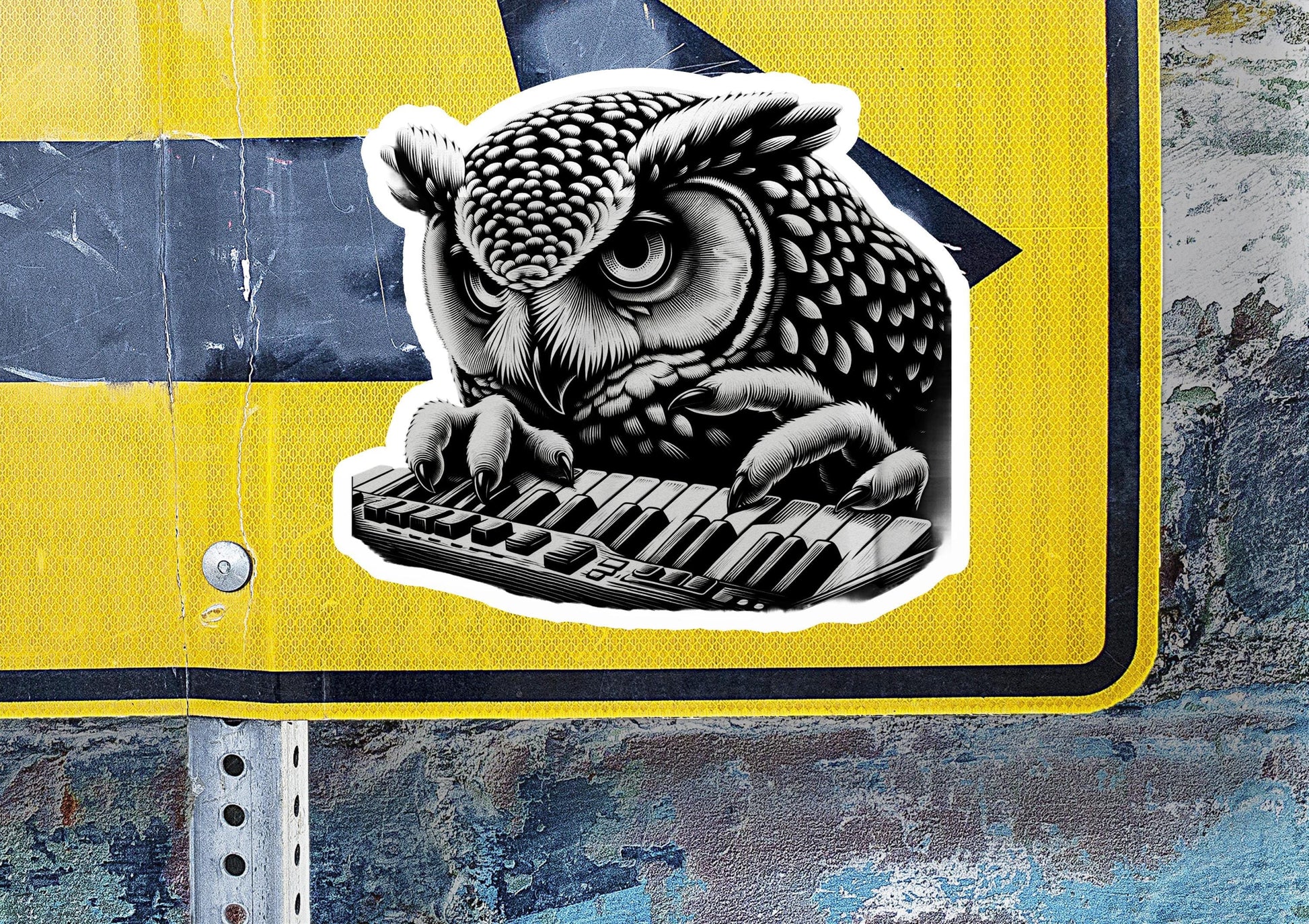 a sticker of an owl playing a keyboard