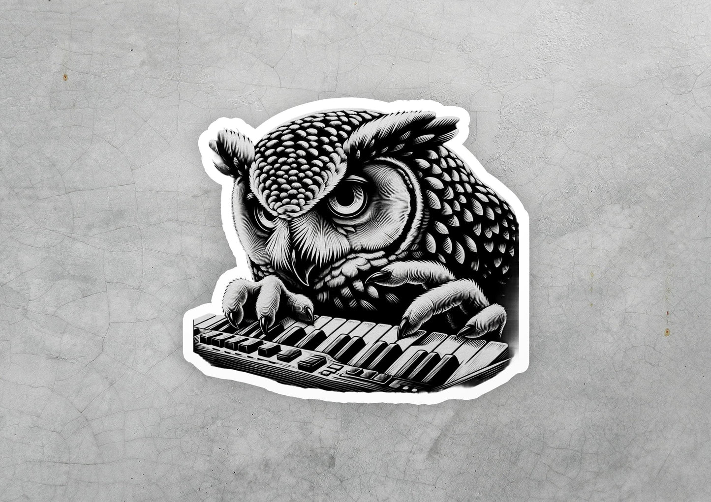 a sticker of an owl playing a keyboard
