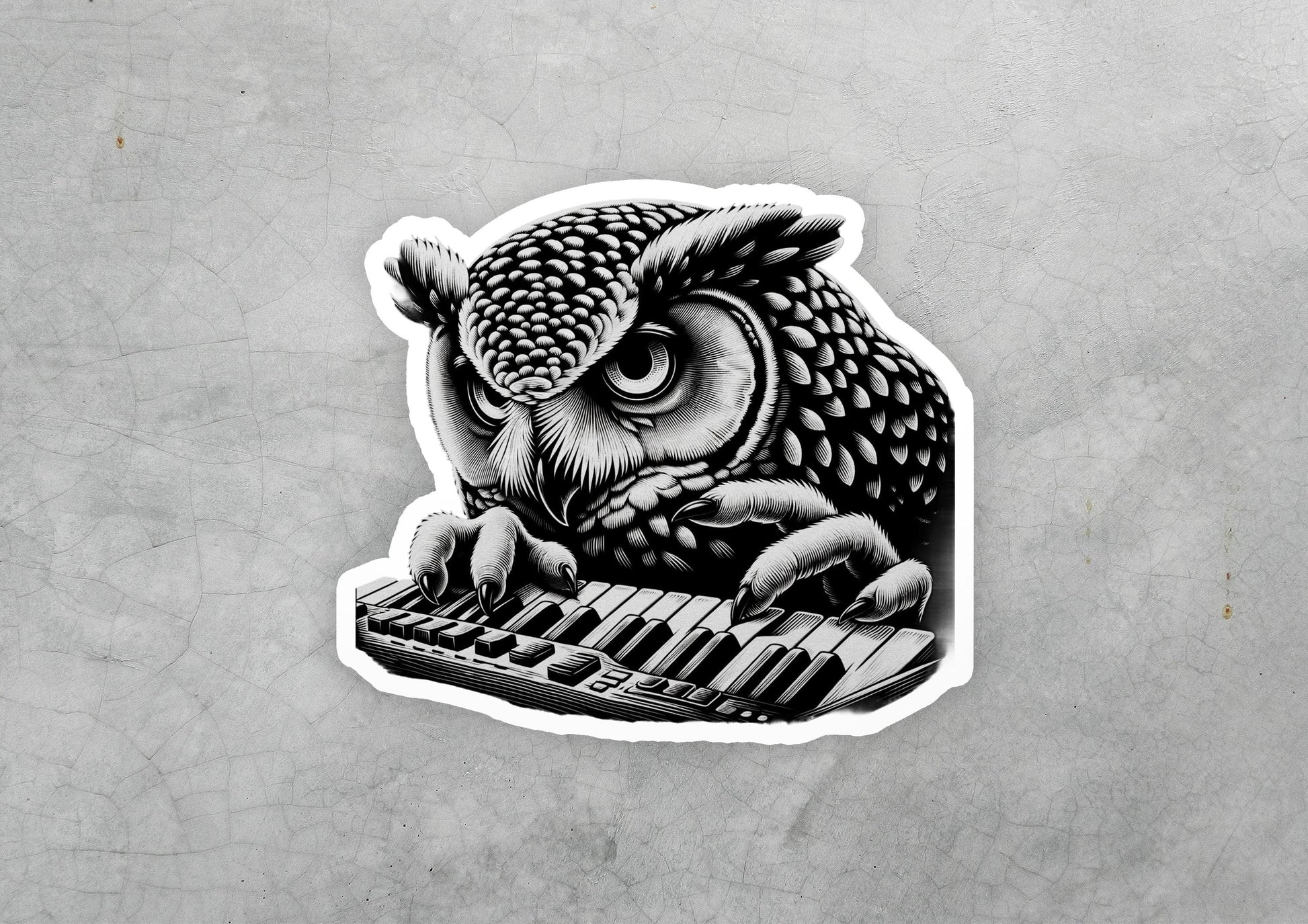 a sticker of an owl playing a keyboard