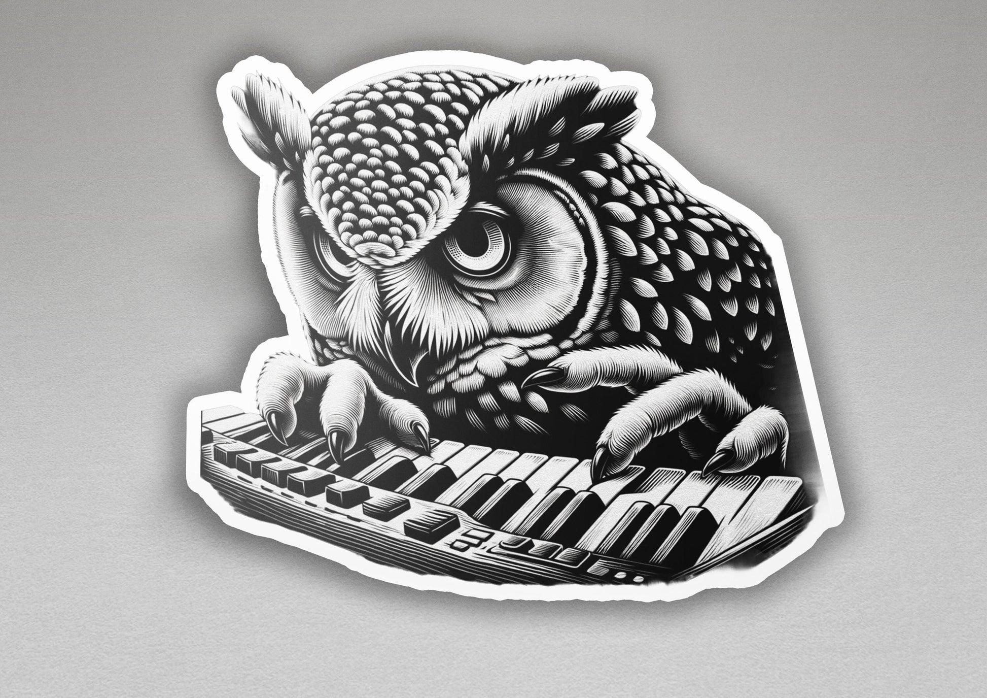 a sticker of an owl playing a keyboard