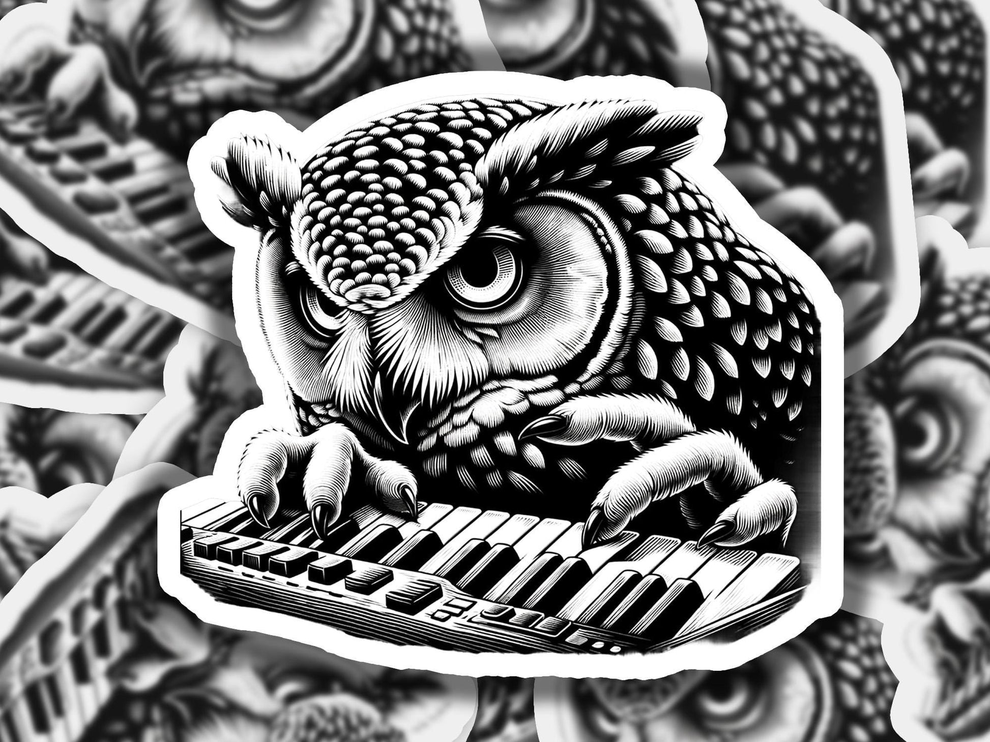 a sticker of an owl playing a keyboard