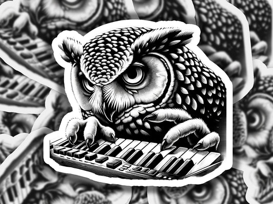 a sticker of an owl playing a keyboard