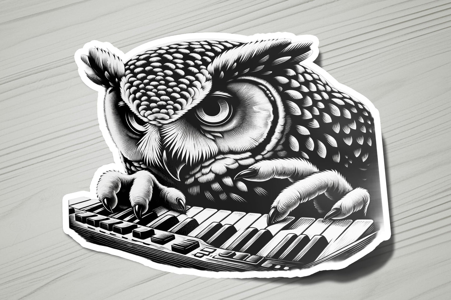 a sticker of an owl playing a keyboard