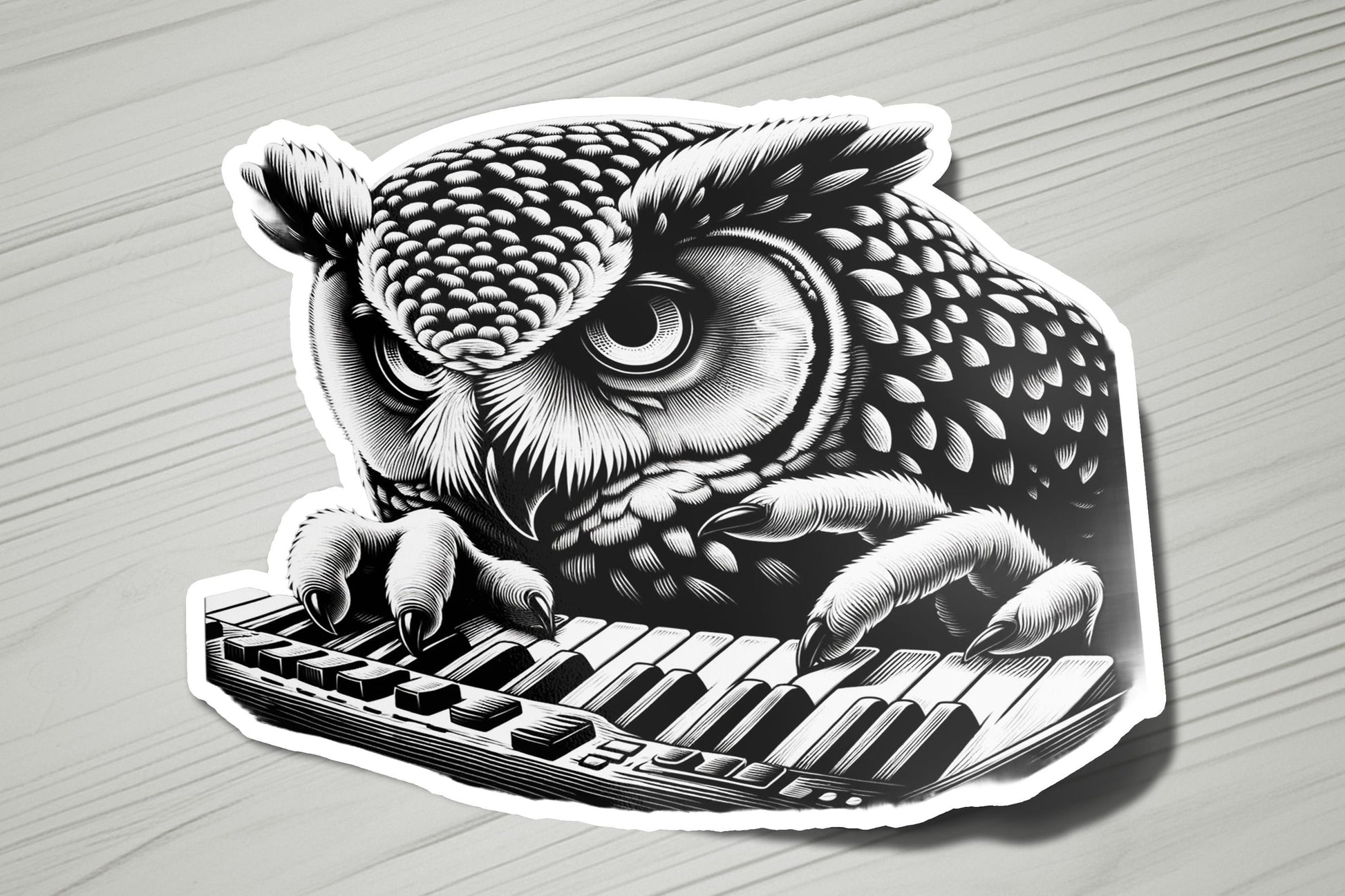 a sticker of an owl playing a keyboard