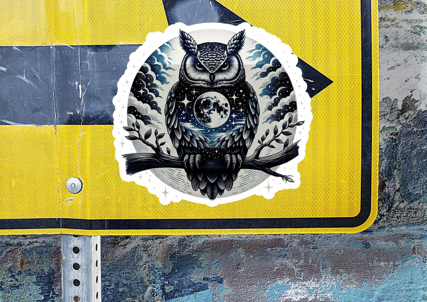 a sticker of an owl sitting on a tree branch