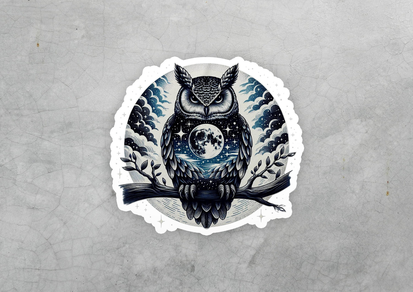 a sticker of an owl sitting on a branch