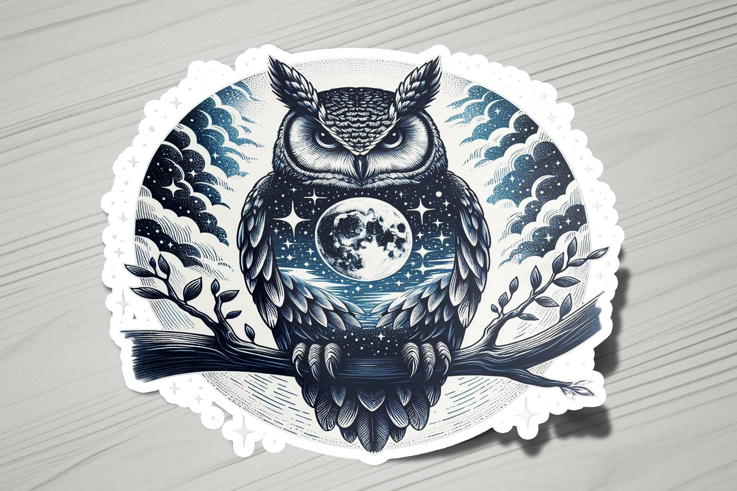 a sticker with an owl sitting on a tree branch
