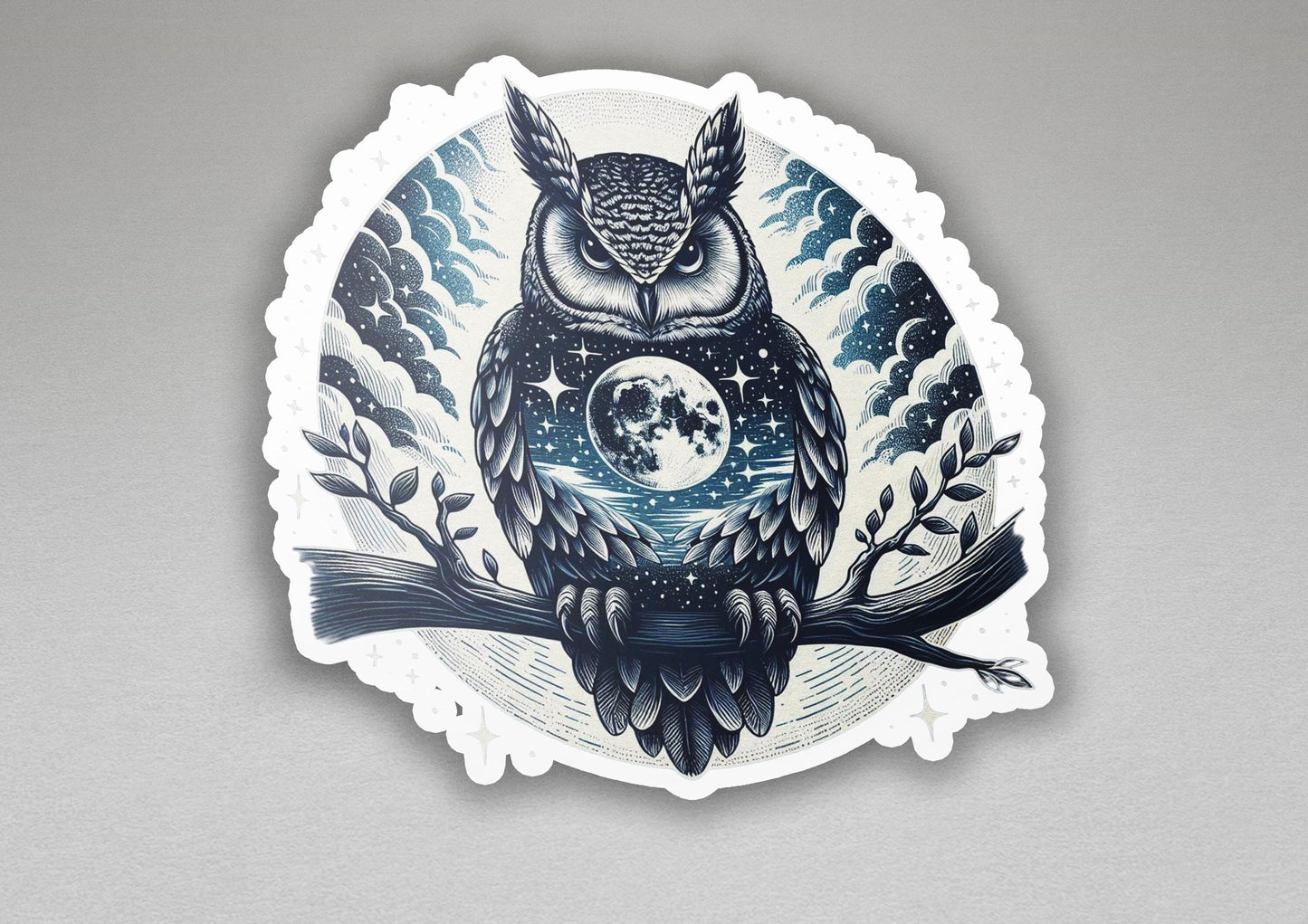 a sticker of an owl sitting on a tree branch