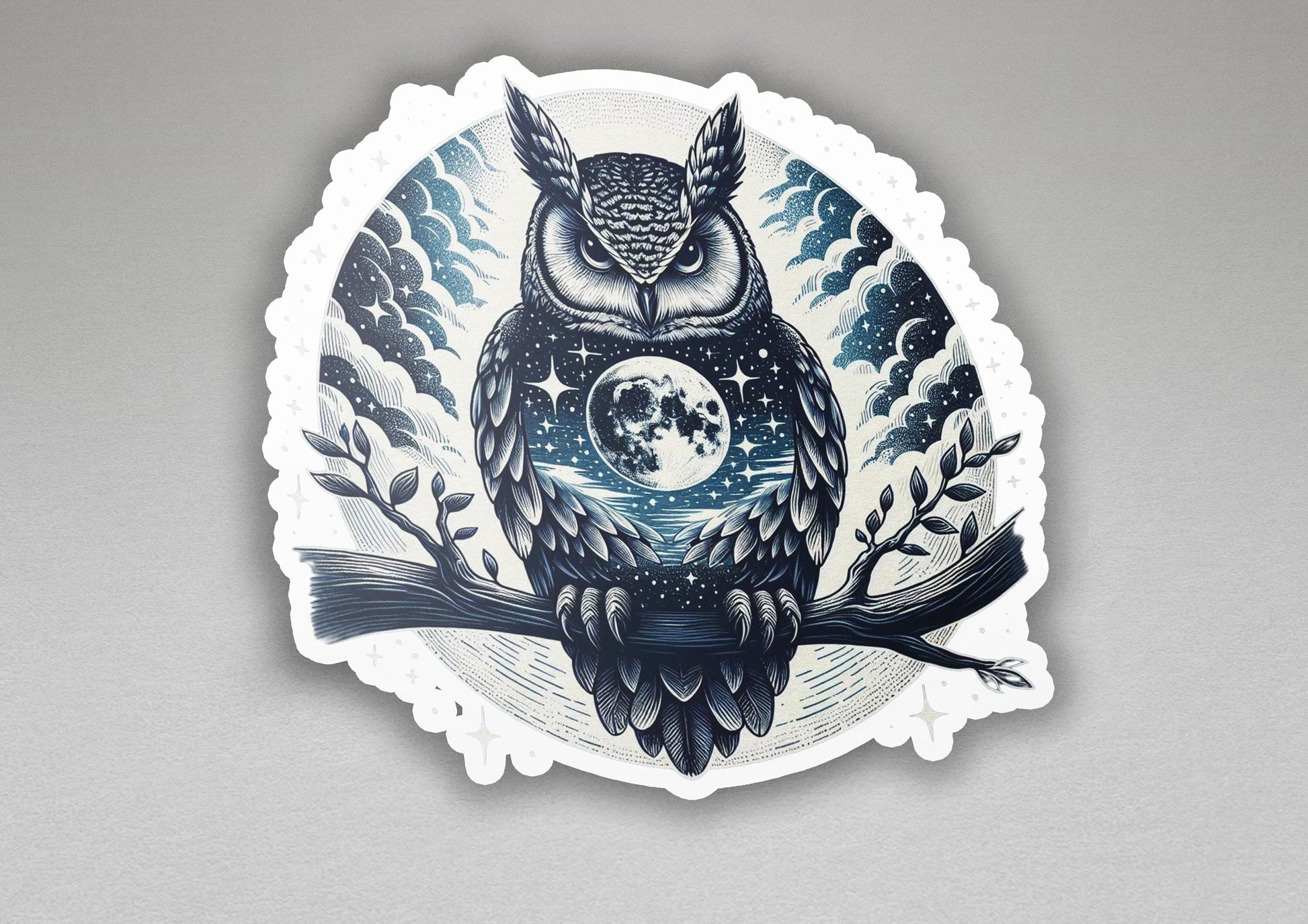 a sticker of an owl sitting on a tree branch