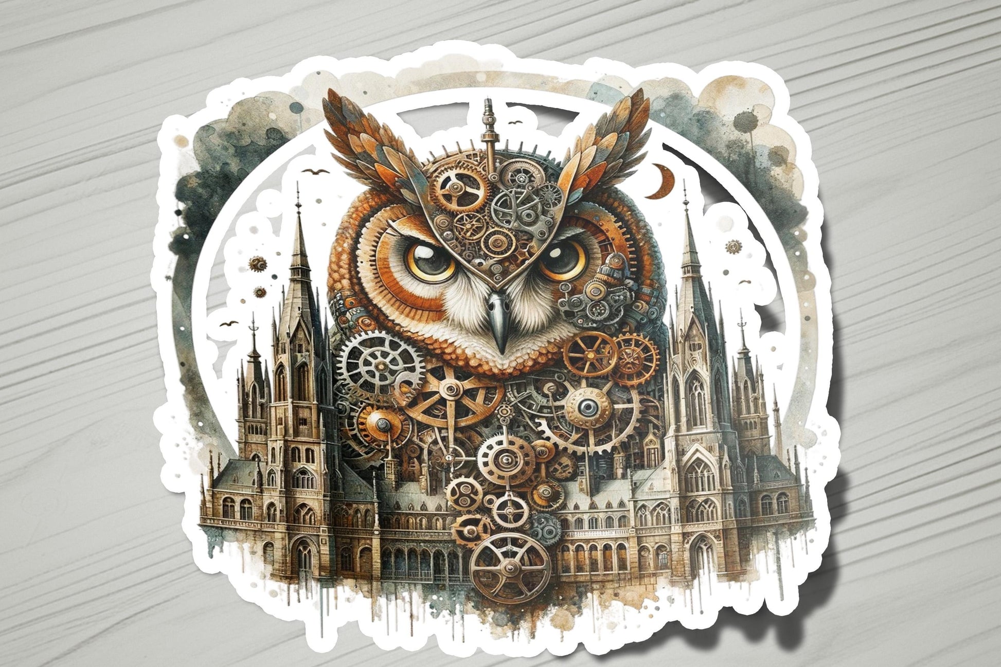 a sticker of an owl with a castle in the background