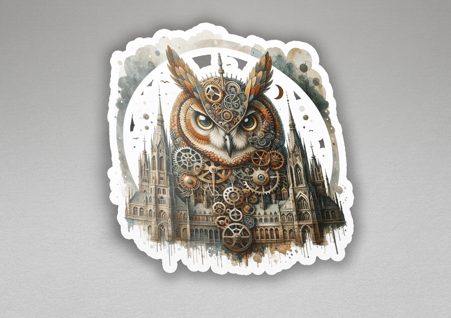 a sticker of an owl with gears on it