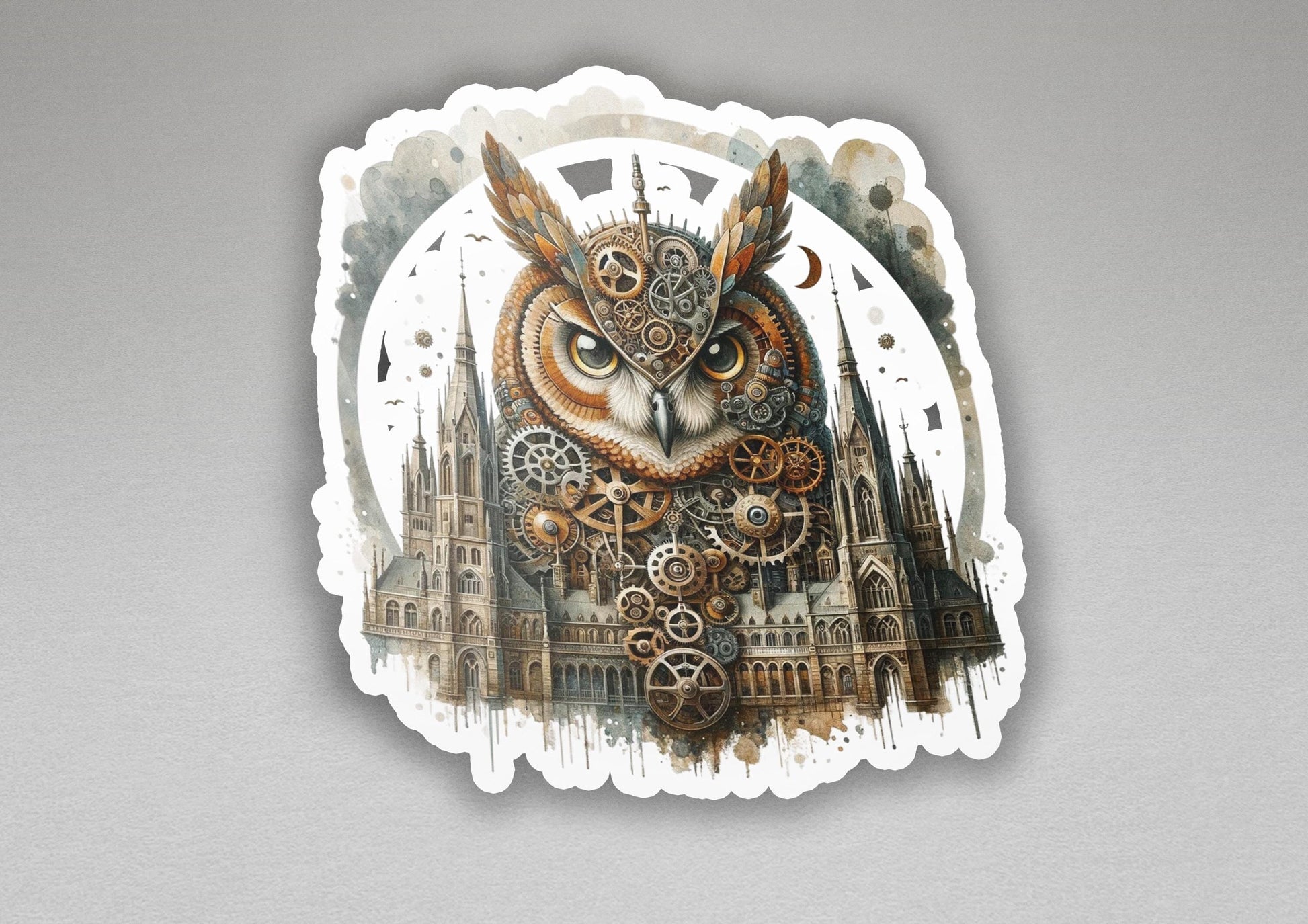 a sticker of an owl with gears on it