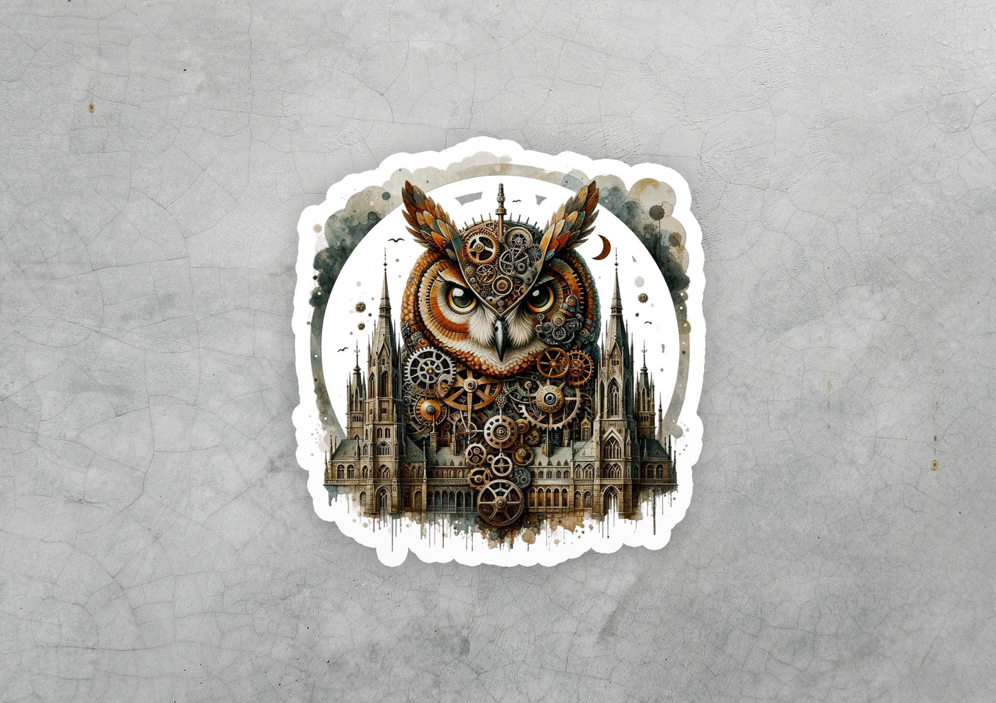 a sticker of an owl with a castle in the background
