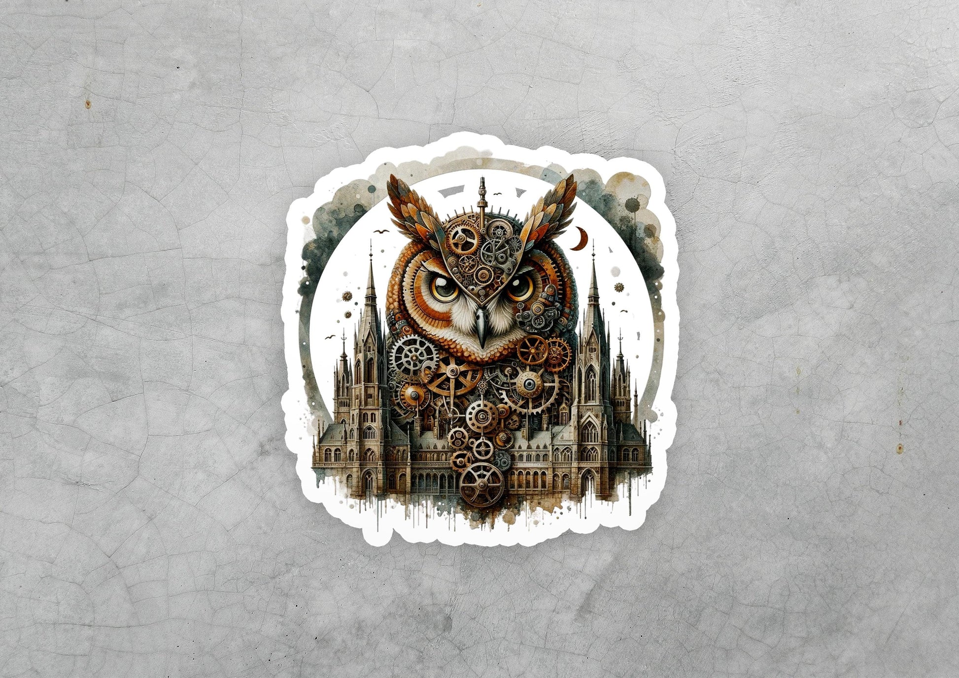 a sticker of an owl with a castle in the background