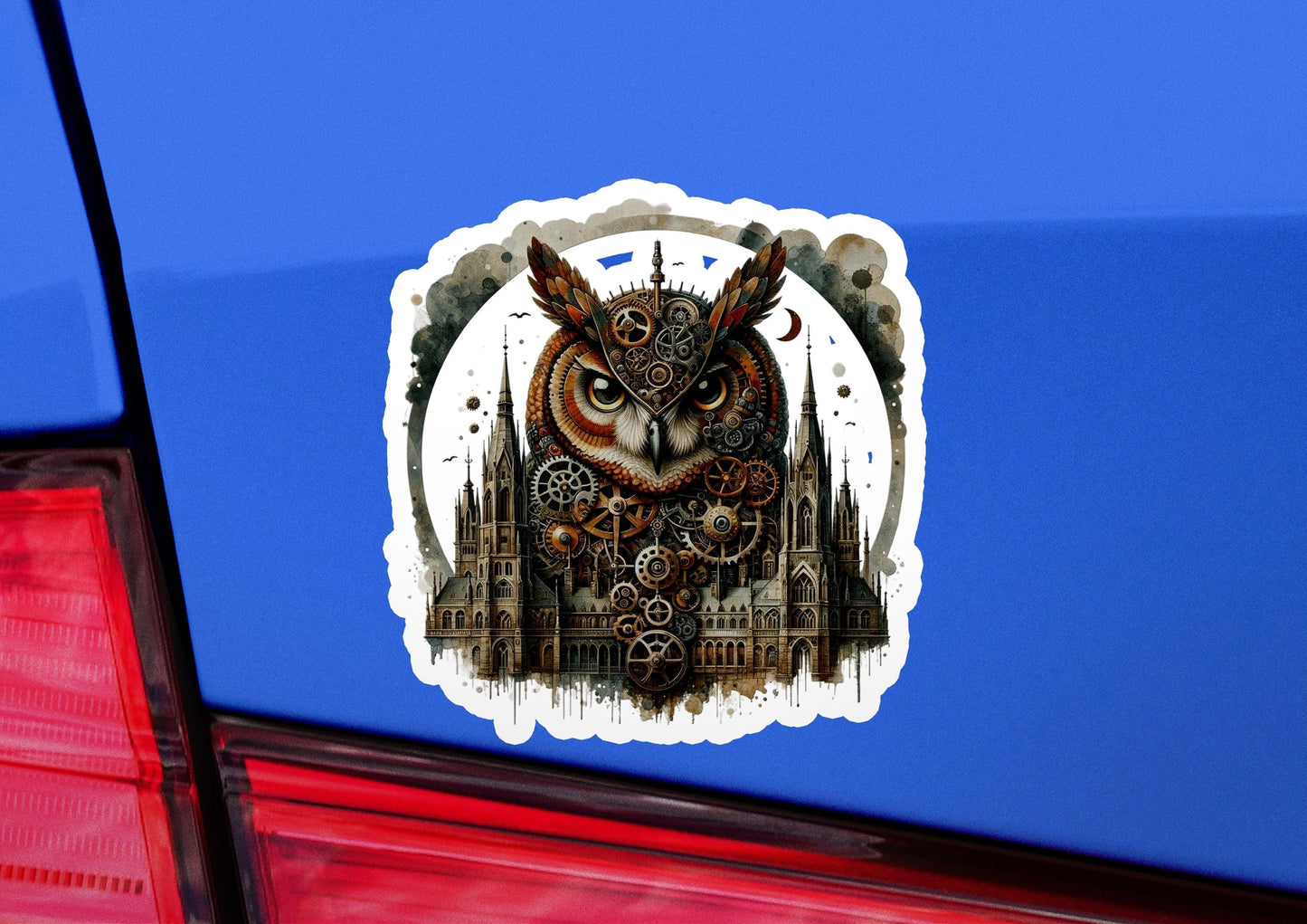 an owl sticker on the back of a car