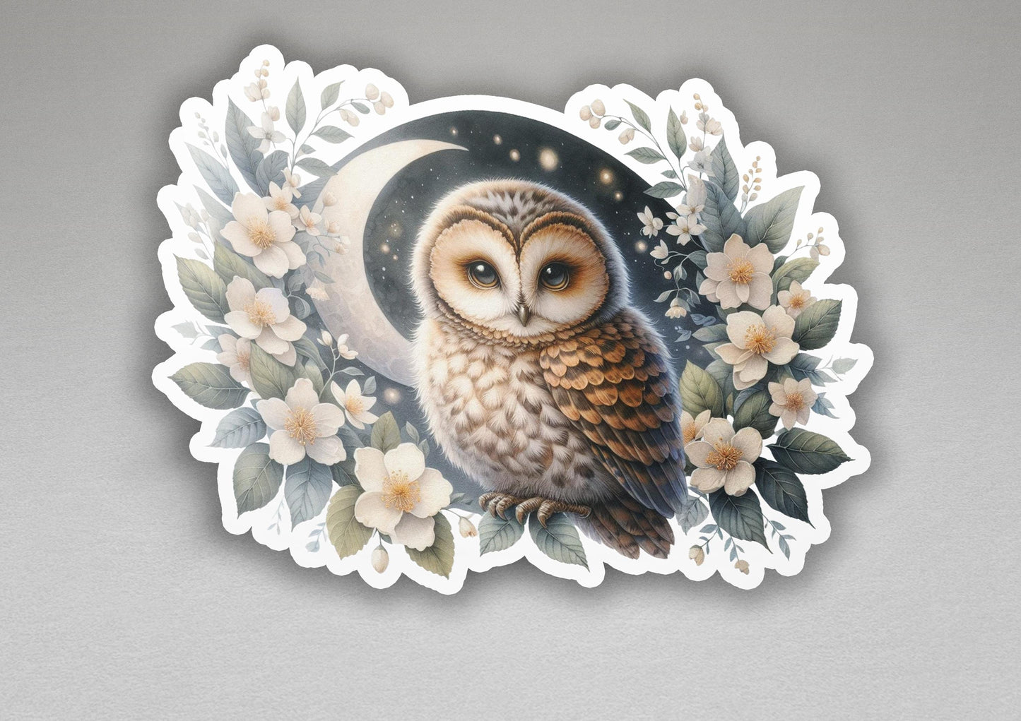 a picture of an owl sitting on a branch with flowers