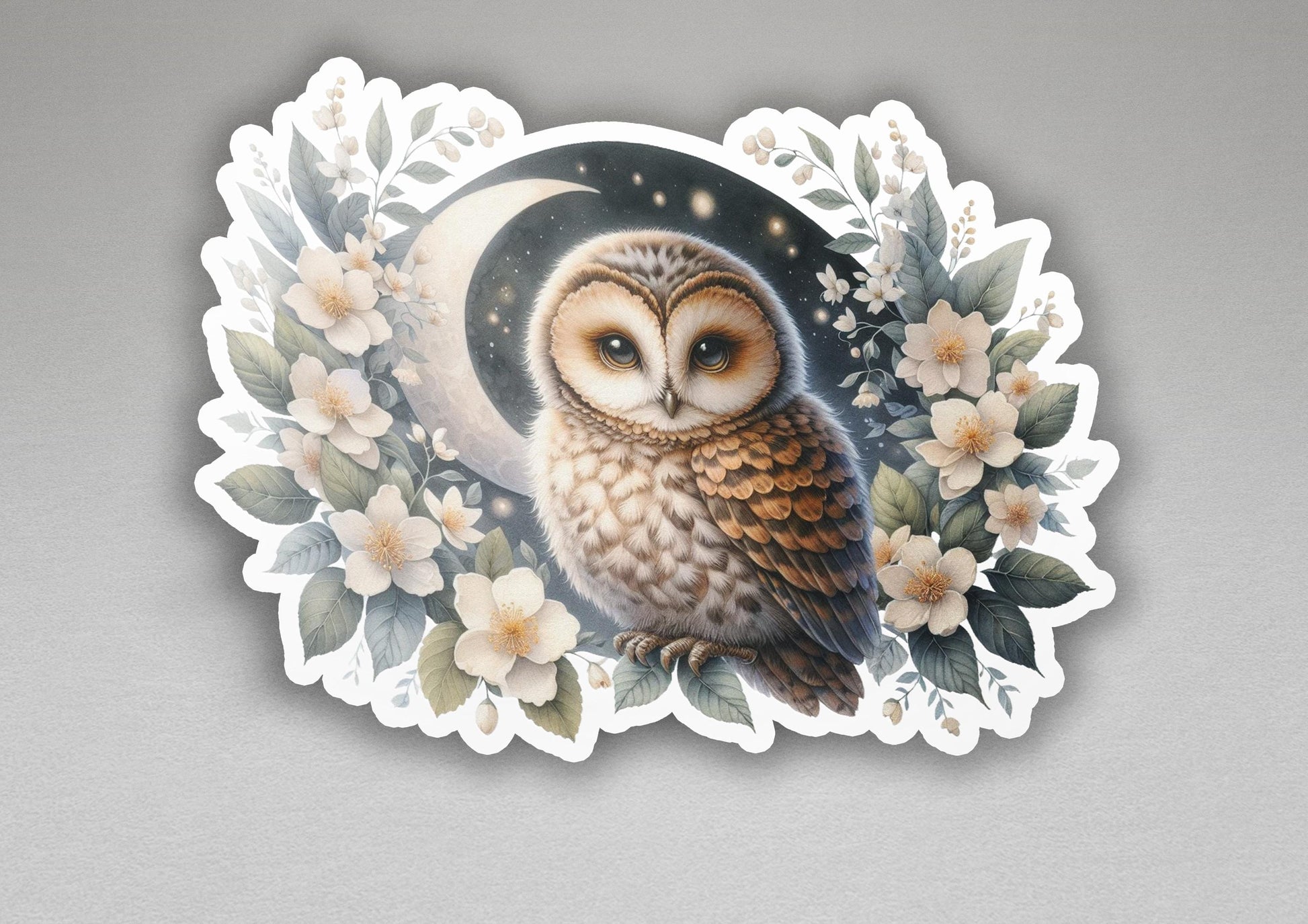 a picture of an owl sitting on a branch with flowers